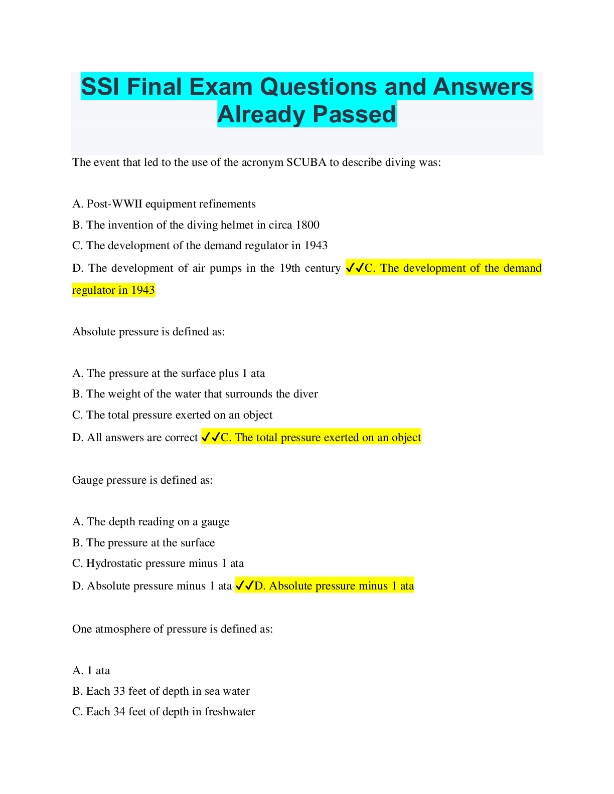 Preview image for SSI Open Water Diver Final Exam | Questions and Answers Already Passed